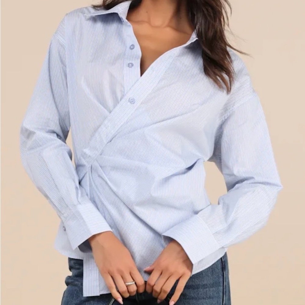 Flykra Light Blue Striped Asymmetrical

Button-Up Wrap Top